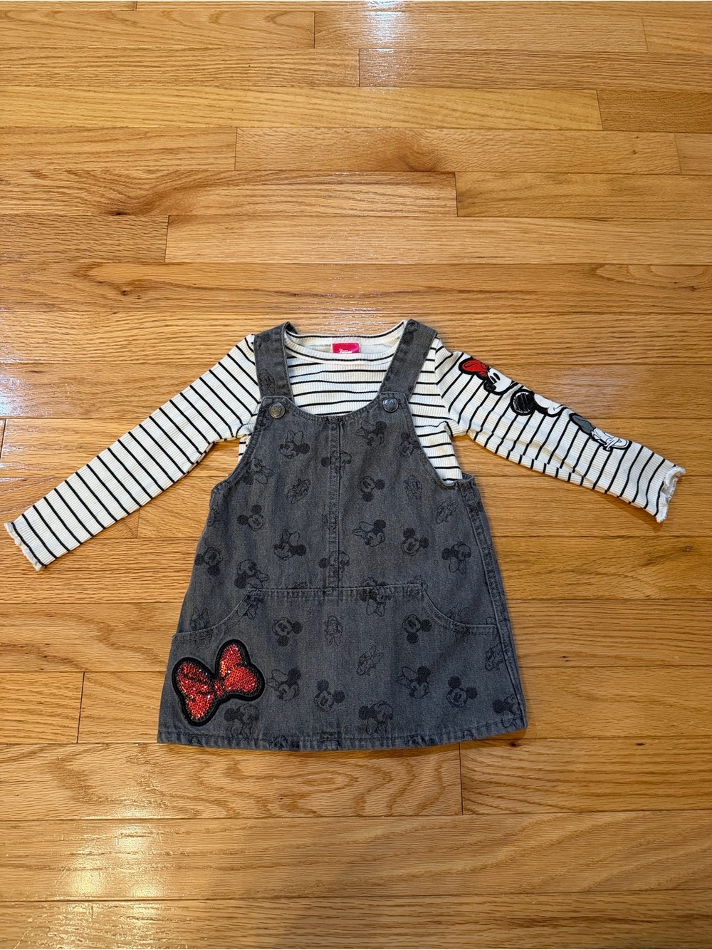 Disney Gray Denim Minnie Pinafore Dress with Striped Top